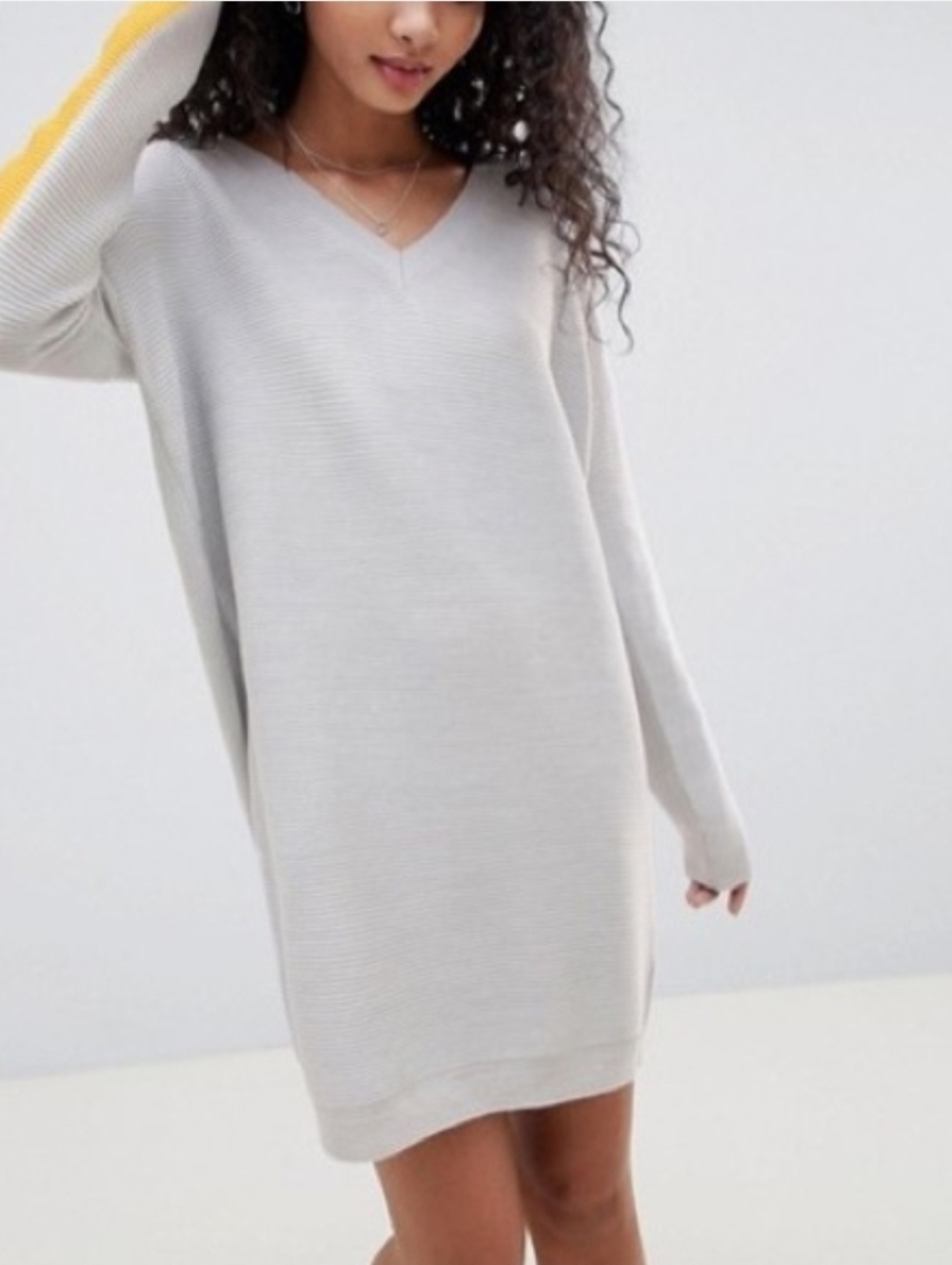 V-Neck Knit Sleeve Stripe Dress in White and Yellow - Picture 9 of 10